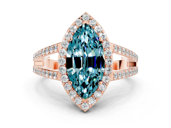 Rose gold Marquise Cut Blue Topaz Halo Ring with Split Shank U-Prong Band and Four-Prong Setting