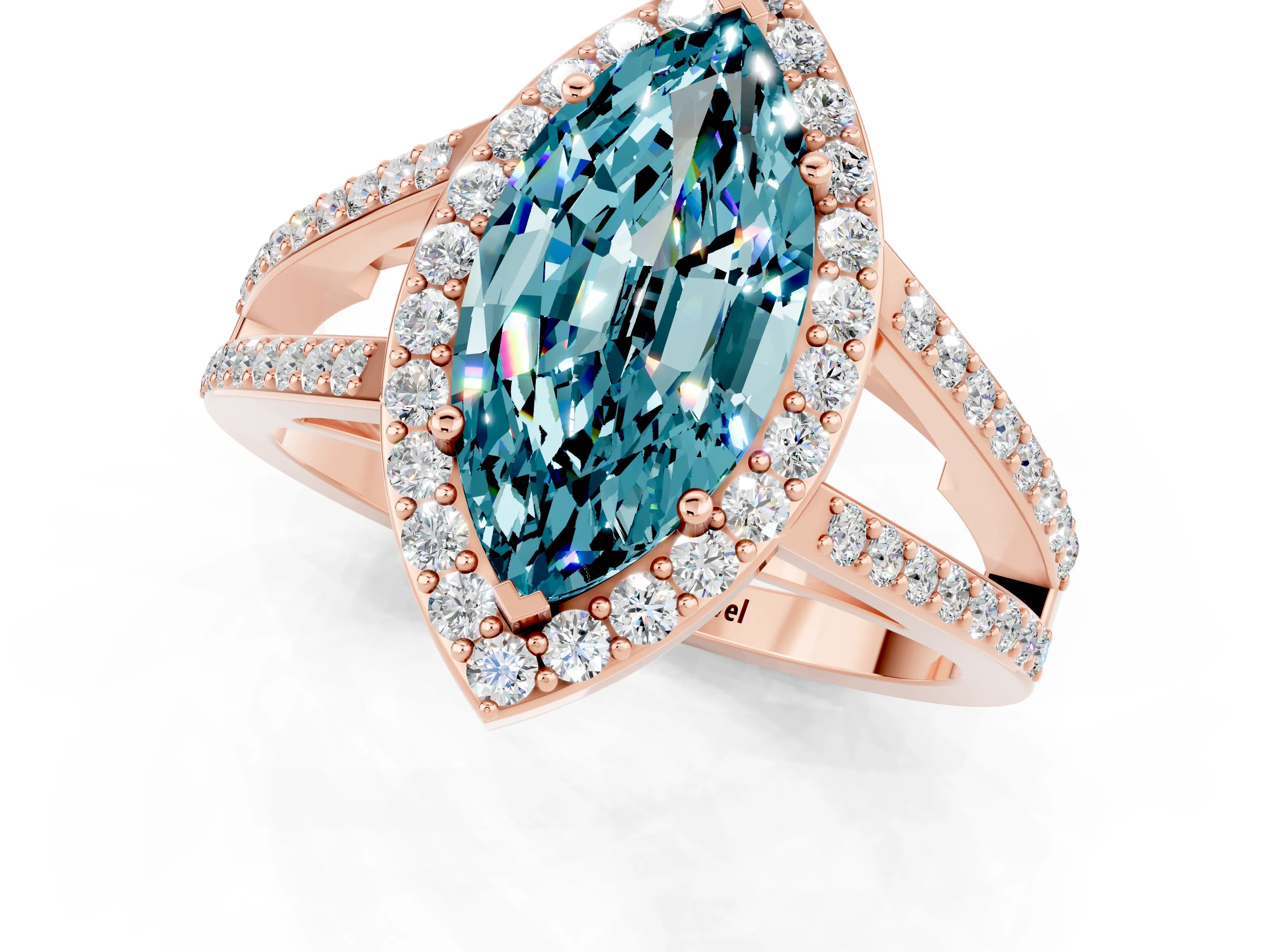 Rose gold Marquise Cut Blue Topaz Halo Ring with Split Shank U-Prong Band and Four-Prong Setting_1
