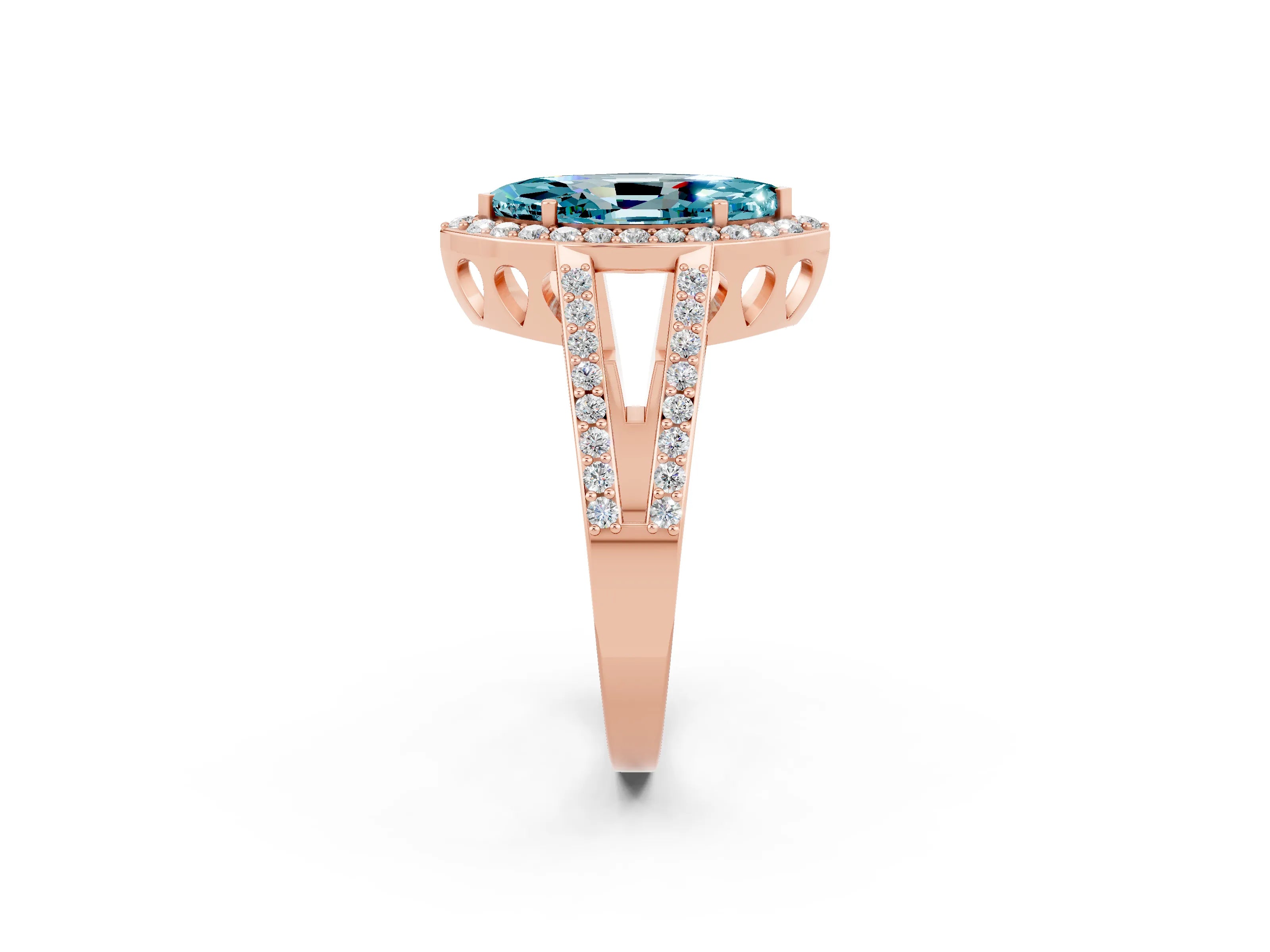 Rose gold Marquise Cut Blue Topaz Halo Ring with Split Shank U-Prong Band and Four-Prong Setting_2