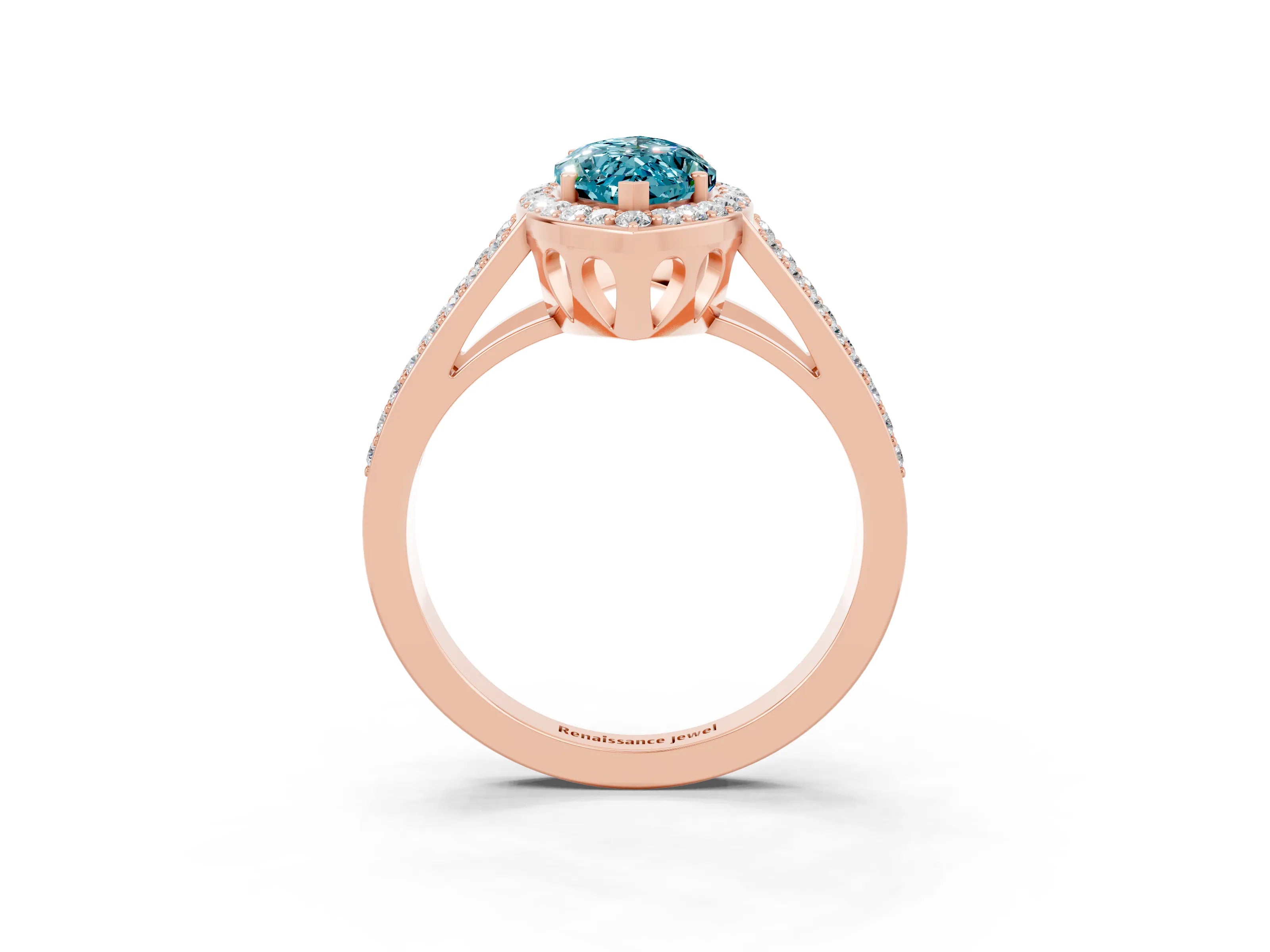 Rose gold Marquise Cut Blue Topaz Halo Ring with Split Shank U-Prong Band and Four-Prong Setting_3