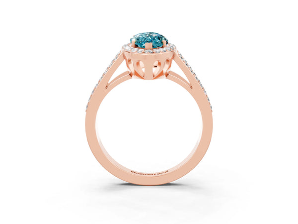 Rose gold Marquise Cut Blue Topaz Halo Ring with Split Shank U-Prong Band and Four-Prong Setting
