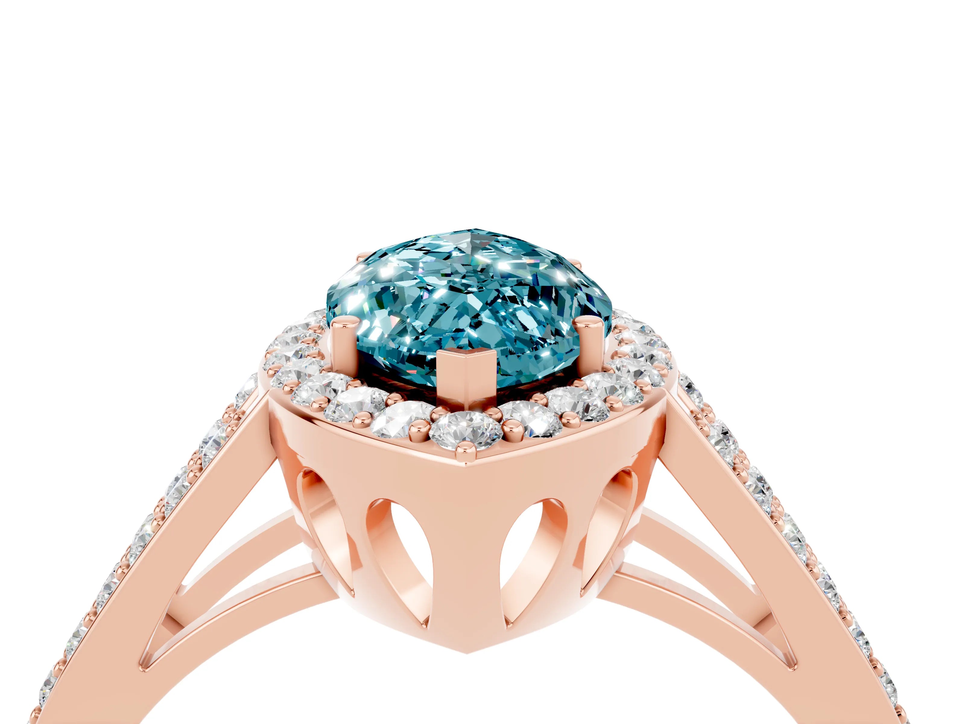 Rose gold Marquise Cut Blue Topaz Halo Ring with Split Shank U-Prong Band and Four-Prong Setting_4
