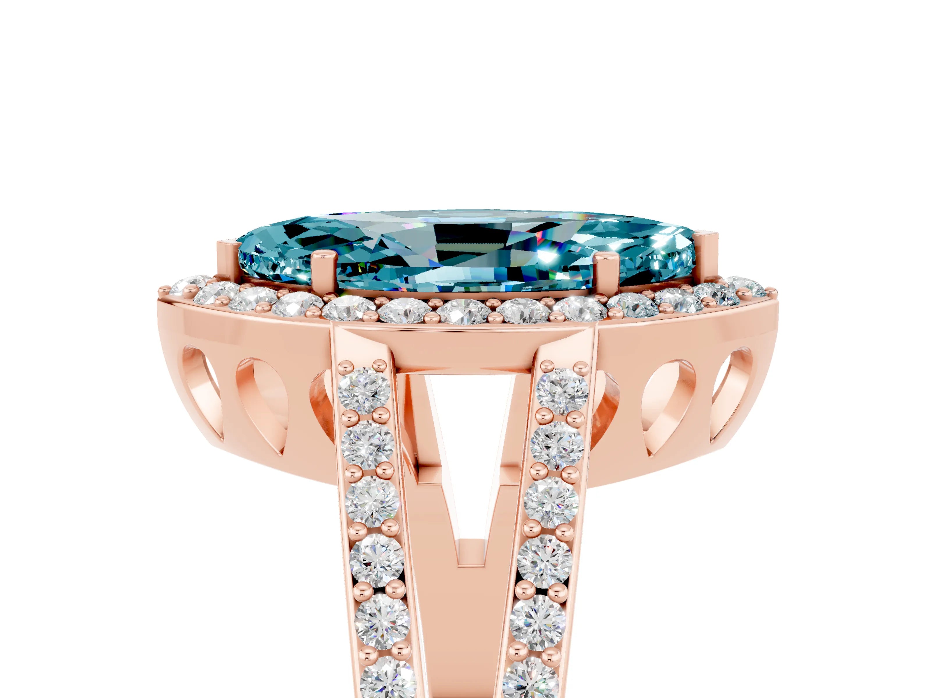 Rose gold Marquise Cut Blue Topaz Halo Ring with Split Shank U-Prong Band and Four-Prong Setting_5