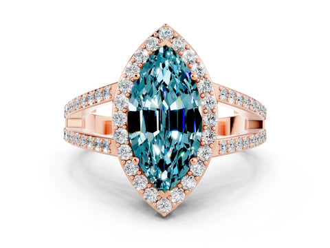 Rose gold Marquise Cut Blue Topaz Halo Ring with Split Shank U-Prong Band and Four-Prong Setting