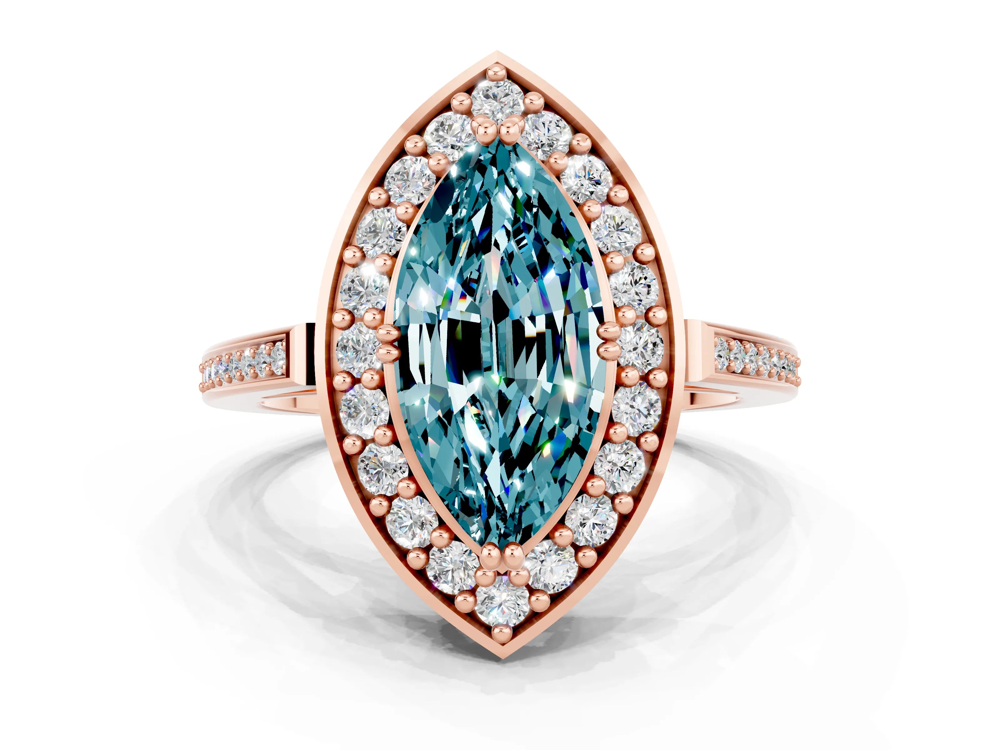 Rose gold Marquise Cut Blue Topaz Halo Ring with Split Shank and Four-Prong Setting