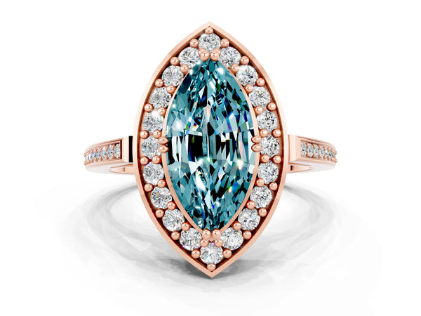 Rose gold Marquise Cut Blue Topaz Halo Ring with Split Shank and Four-Prong Setting
