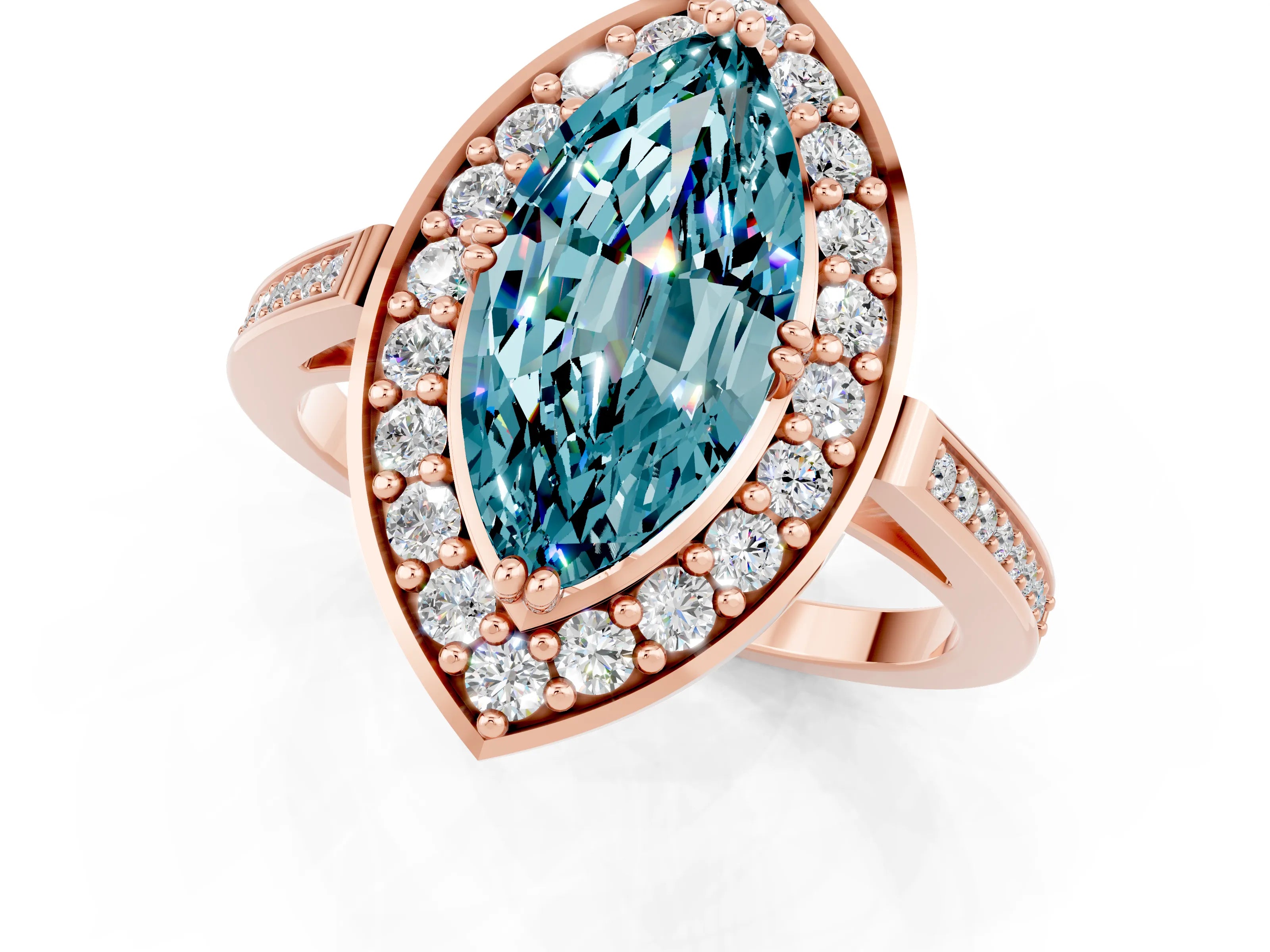 Rose gold Marquise Cut Blue Topaz Halo Ring with Split Shank and Four-Prong Setting_1