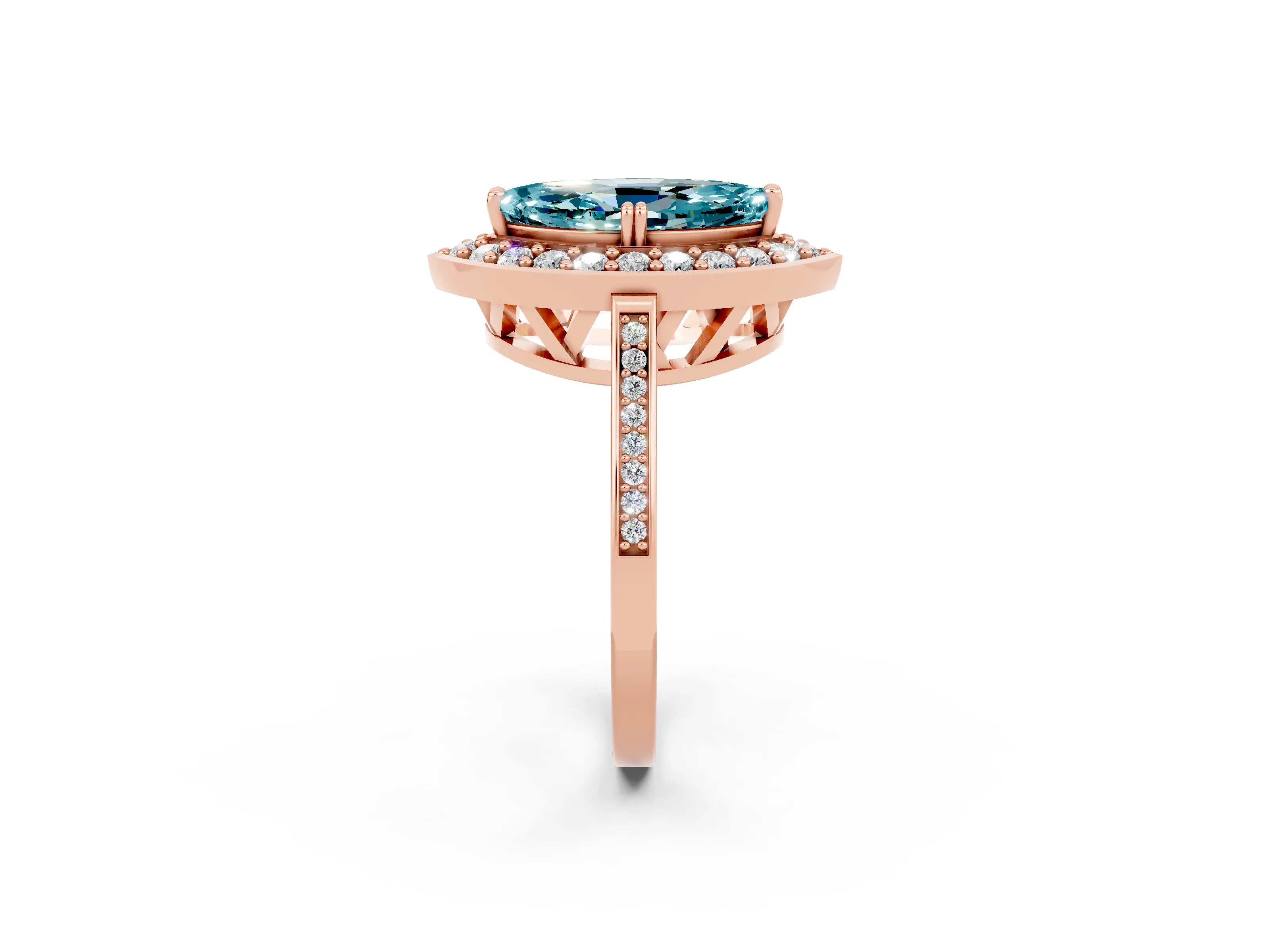 Rose gold Marquise Cut Blue Topaz Halo Ring with Split Shank and Four-Prong Setting_2