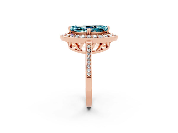 Rose gold Marquise Cut Blue Topaz Halo Ring with Split Shank and Four-Prong Setting