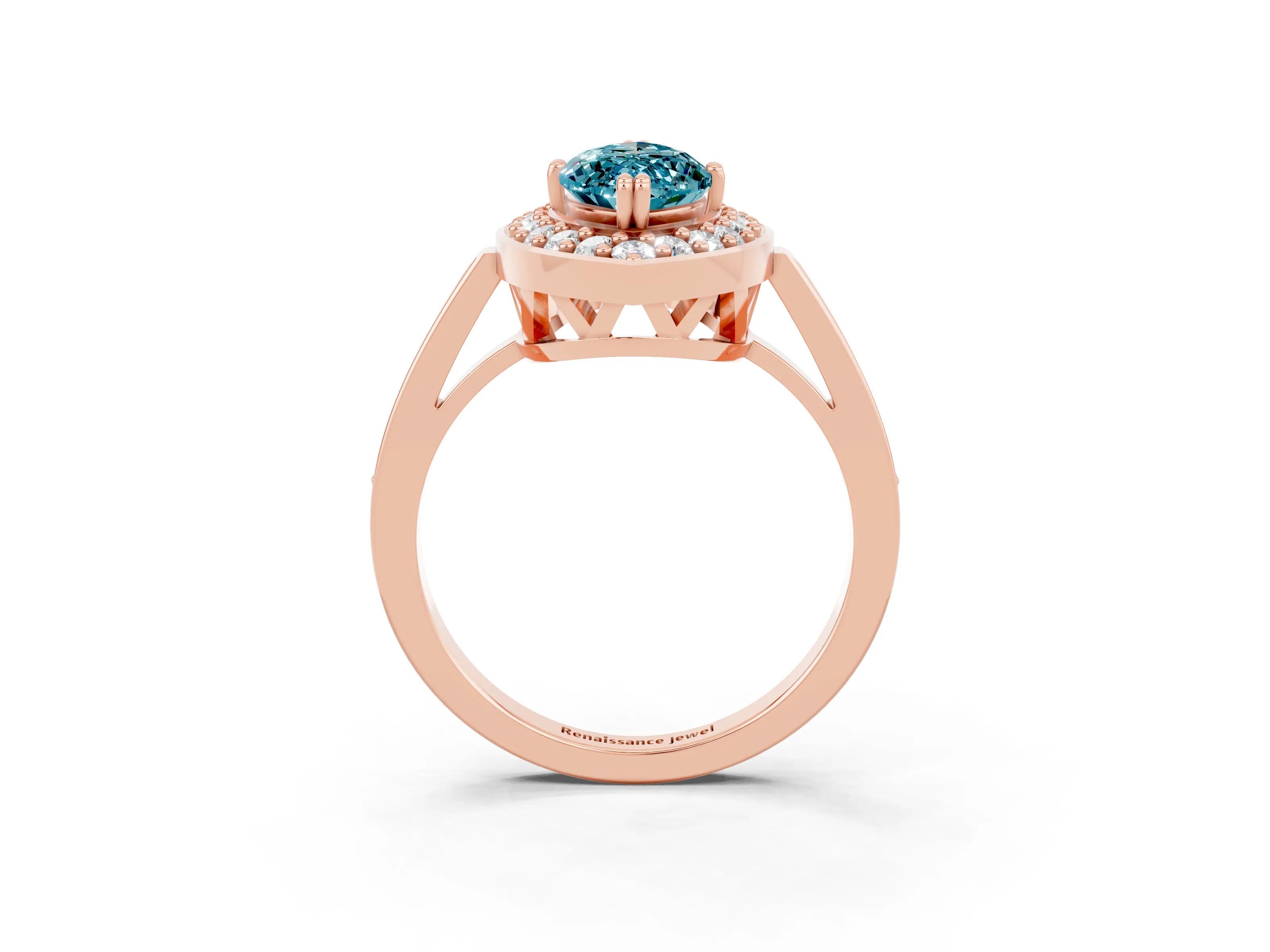 Rose gold Marquise Cut Blue Topaz Halo Ring with Split Shank and Four-Prong Setting_3