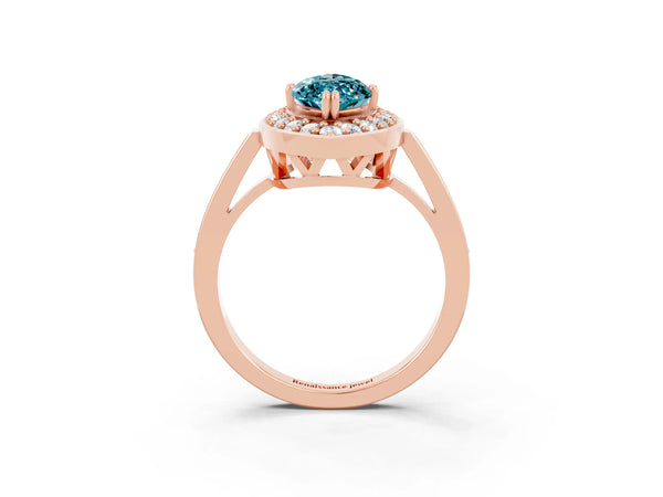 Rose gold Marquise Cut Blue Topaz Halo Ring with Split Shank and Four-Prong Setting