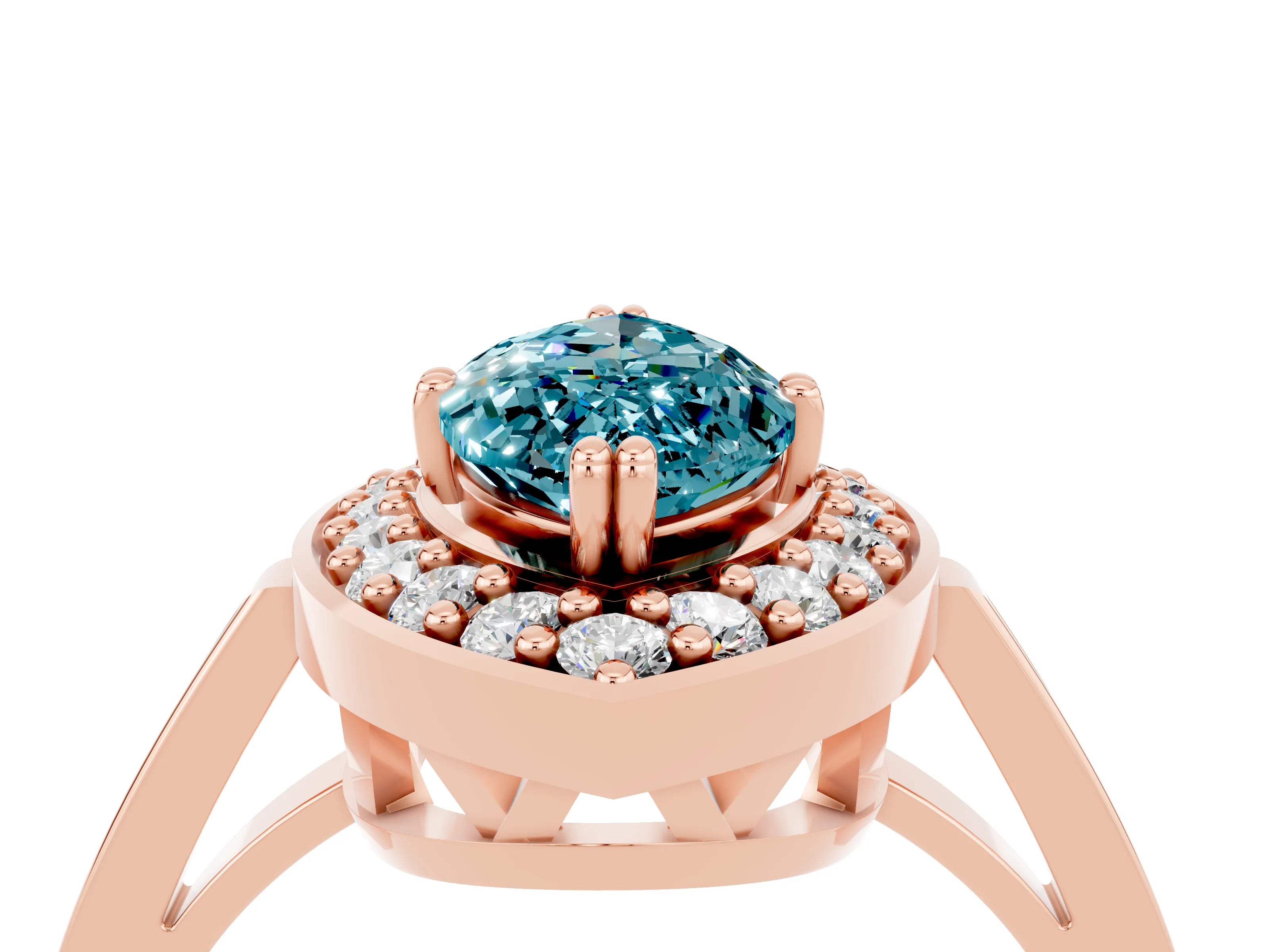 Rose gold Marquise Cut Blue Topaz Halo Ring with Split Shank and Four-Prong Setting_4
