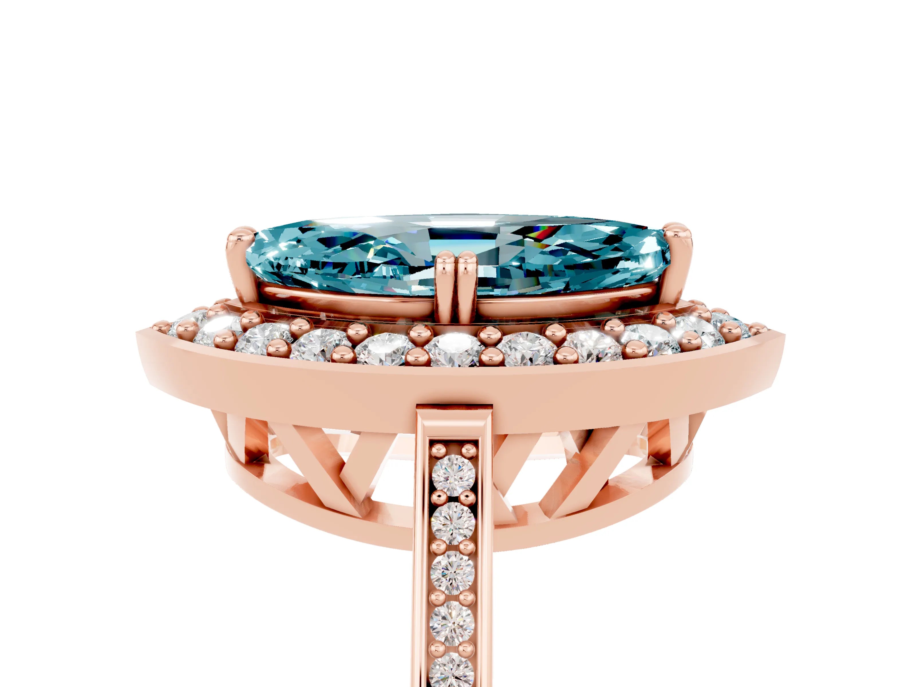 Rose gold Marquise Cut Blue Topaz Halo Ring with Split Shank and Four-Prong Setting_5