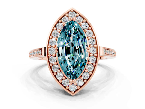 Rose gold Marquise Cut Blue Topaz Halo Ring with Split Shank and Four-Prong Setting