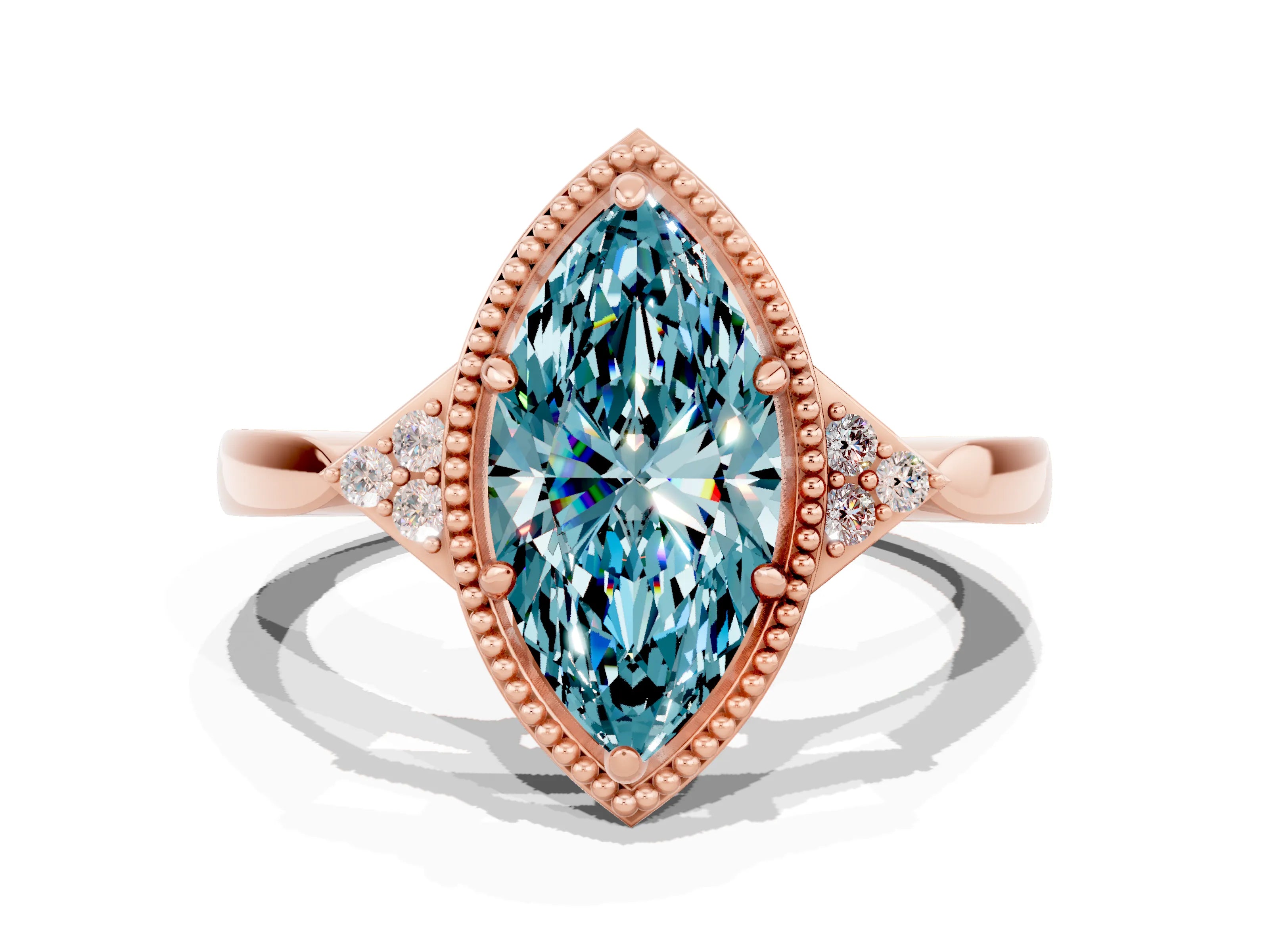 Rose gold Marquise Cut Blue Topaz Halo Ring with Tapered Band and Four-Prong Setting