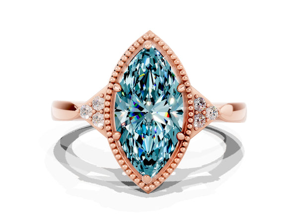 Rose gold Marquise Cut Blue Topaz Halo Ring with Tapered Band and Four-Prong Setting