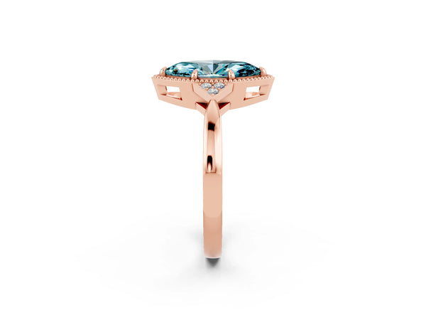 Rose gold Marquise Cut Blue Topaz Halo Ring with Tapered Band and Four-Prong Setting