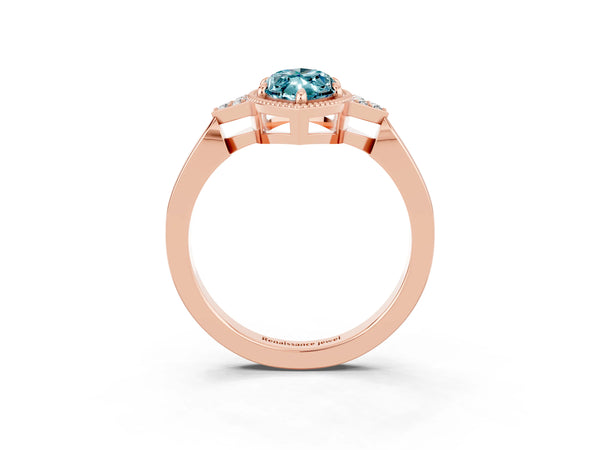Rose gold Marquise Cut Blue Topaz Halo Ring with Tapered Band and Four-Prong Setting
