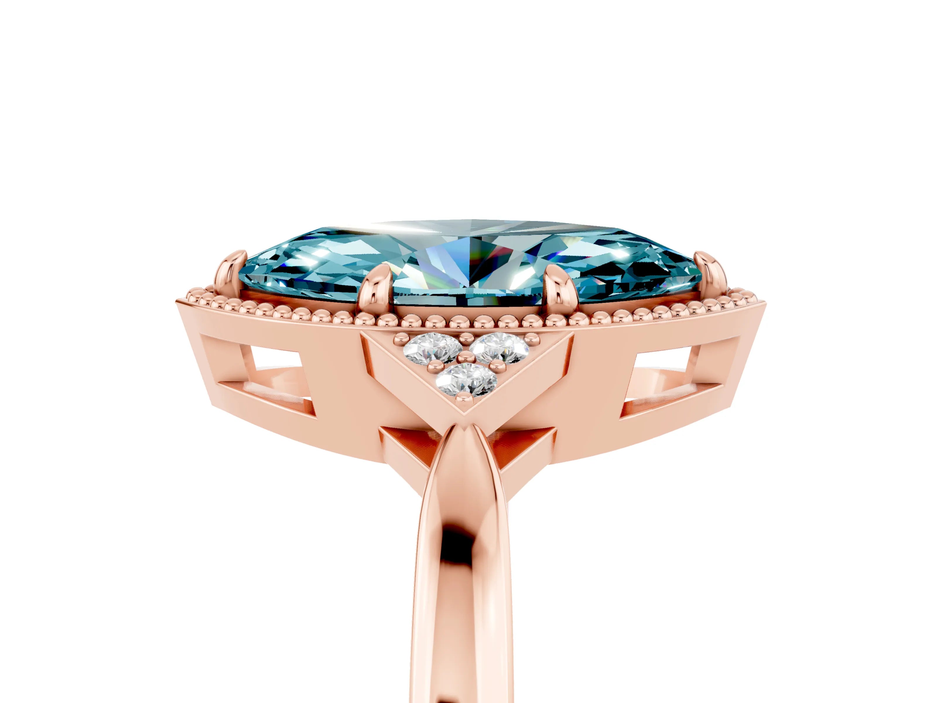 Rose gold Marquise Cut Blue Topaz Halo Ring with Tapered Band and Four-Prong Setting_5