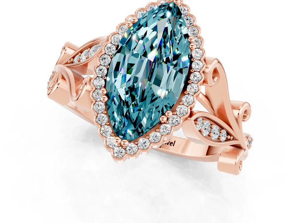 Rose gold Marquise Cut Blue Topaz Halo Ring with Vintage Split Shank and Four-Prong Setting