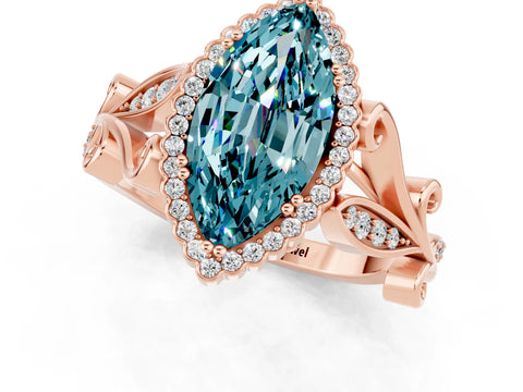 Rose gold Marquise Cut Blue Topaz Halo Ring with Vintage Split Shank and Four-Prong Setting_1
