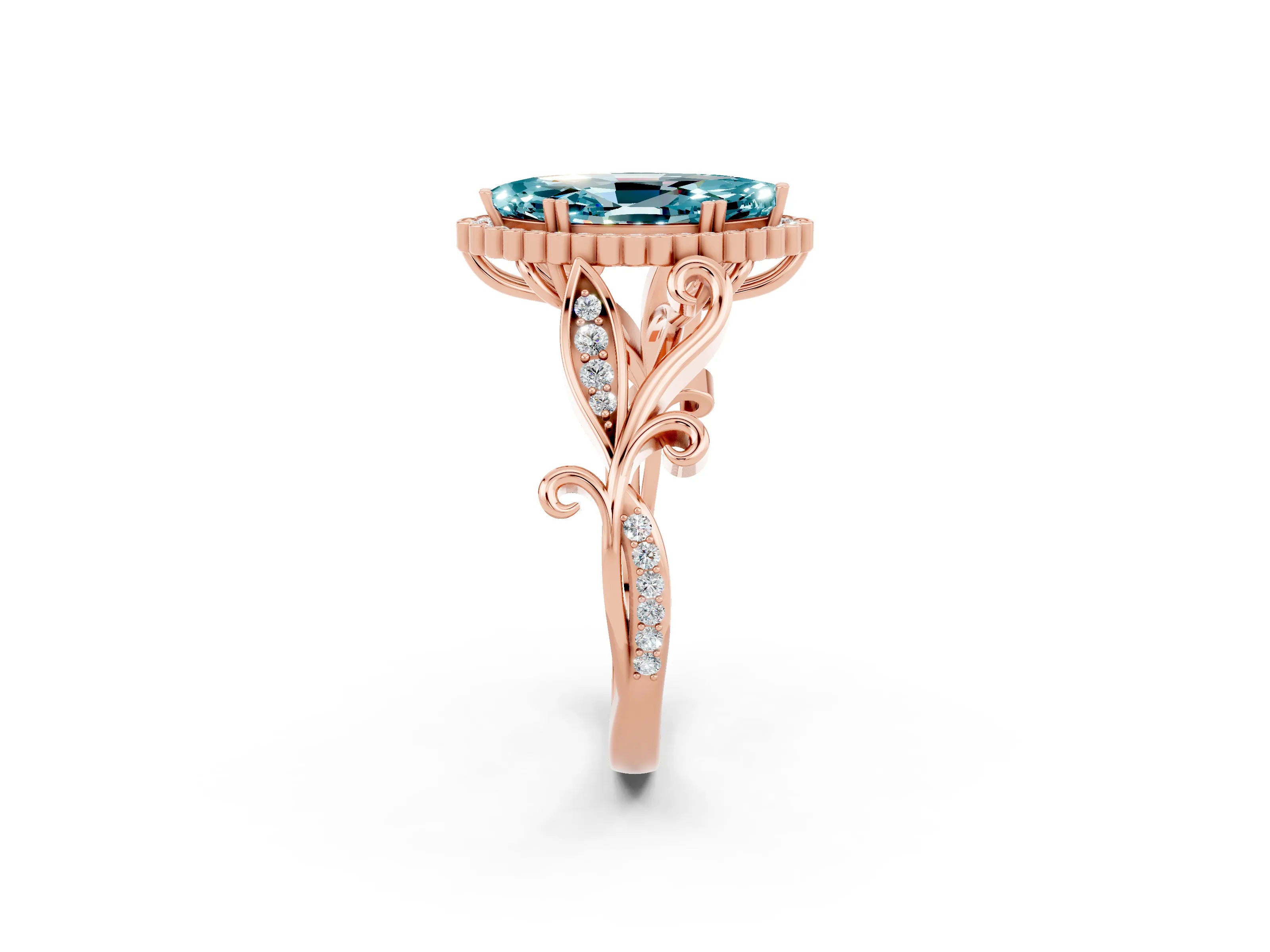 Rose gold Marquise Cut Blue Topaz Halo Ring with Vintage Split Shank and Four-Prong Setting_2