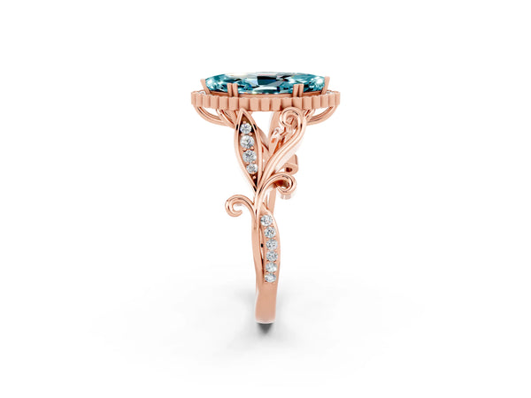 Rose gold Marquise Cut Blue Topaz Halo Ring with Vintage Split Shank and Four-Prong Setting