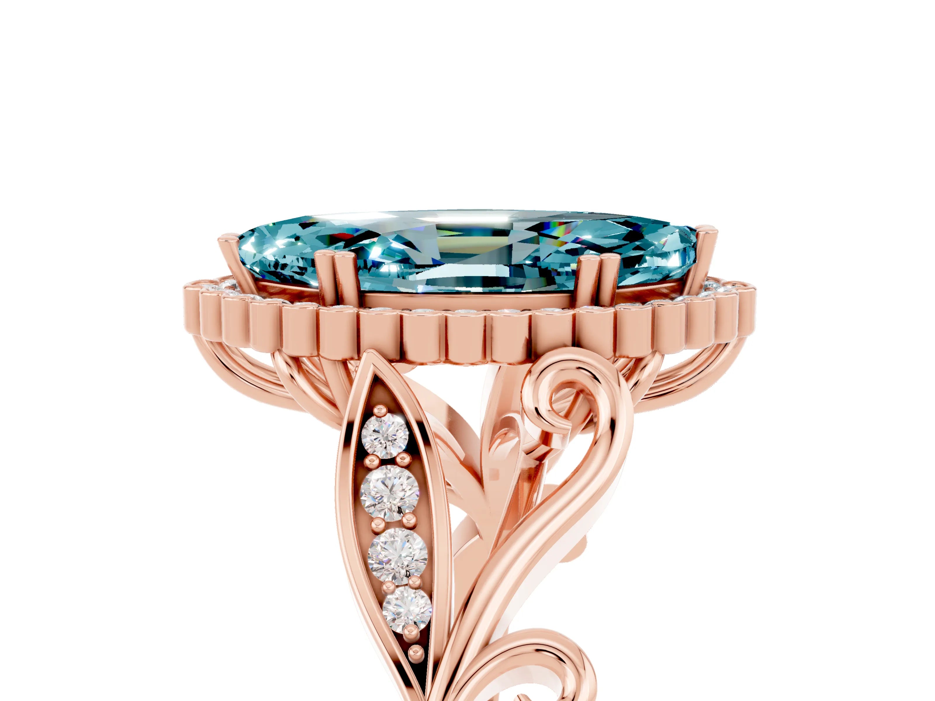 Rose gold Marquise Cut Blue Topaz Halo Ring with Vintage Split Shank and Four-Prong Setting_5