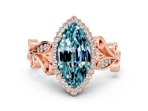Rose gold Marquise Cut Blue Topaz Halo Ring with Vintage Split Shank and Four-Prong Setting