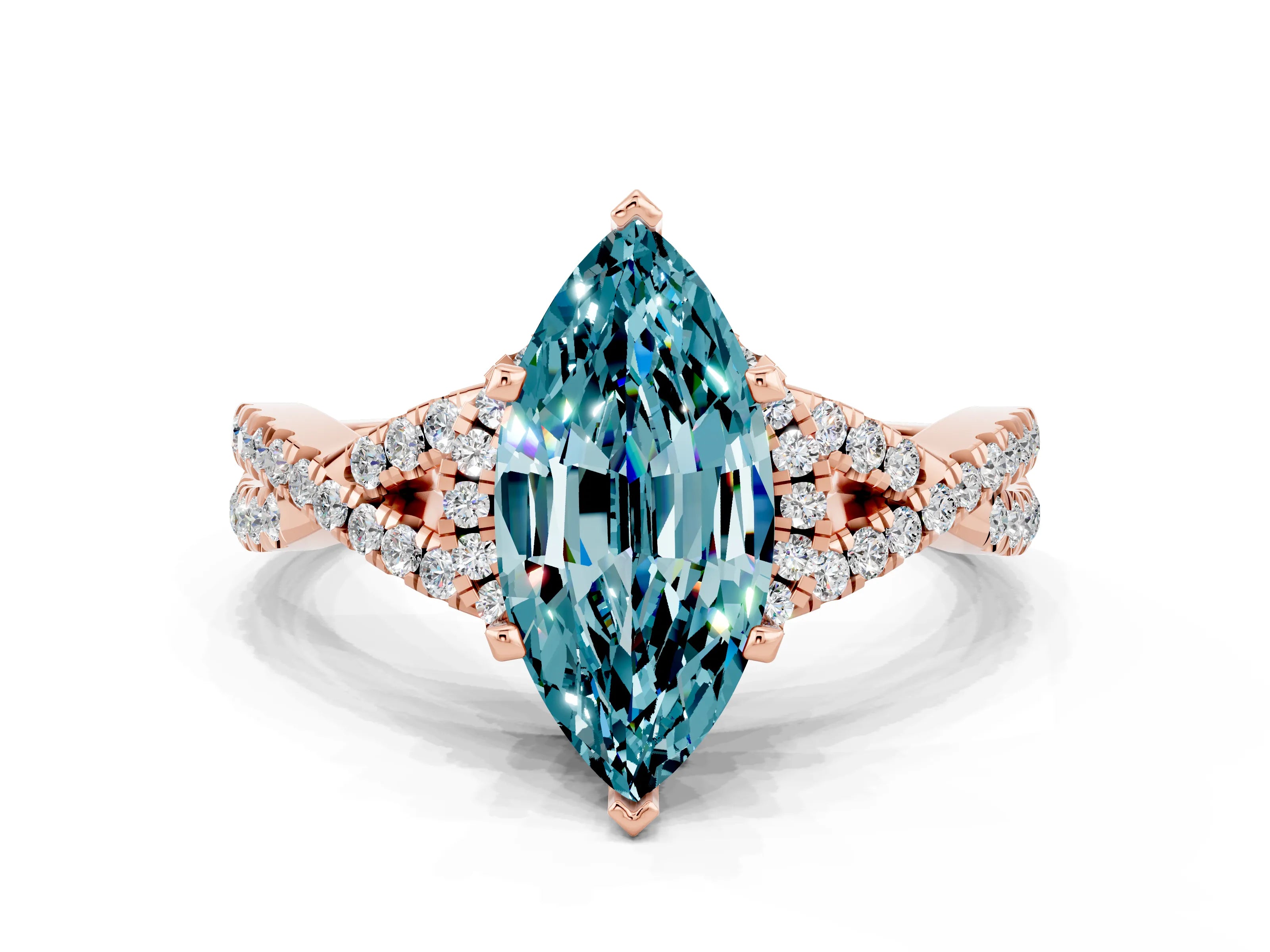 Rose gold Marquise Cut Blue Topaz Halo Twist Band Solitaire Prong Setting Ring