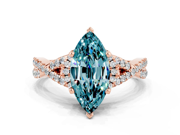 Rose gold Marquise Cut Blue Topaz  Halo Twist Band Solitaire Prong Setting Ring