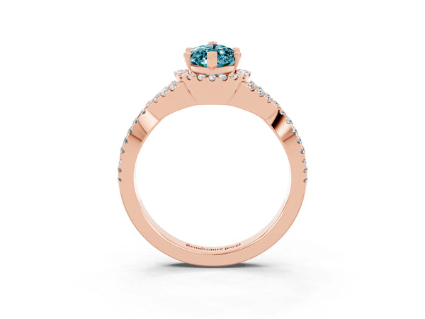 Rose gold Marquise Cut Blue Topaz  Halo Twist Band Solitaire Prong Setting Ring