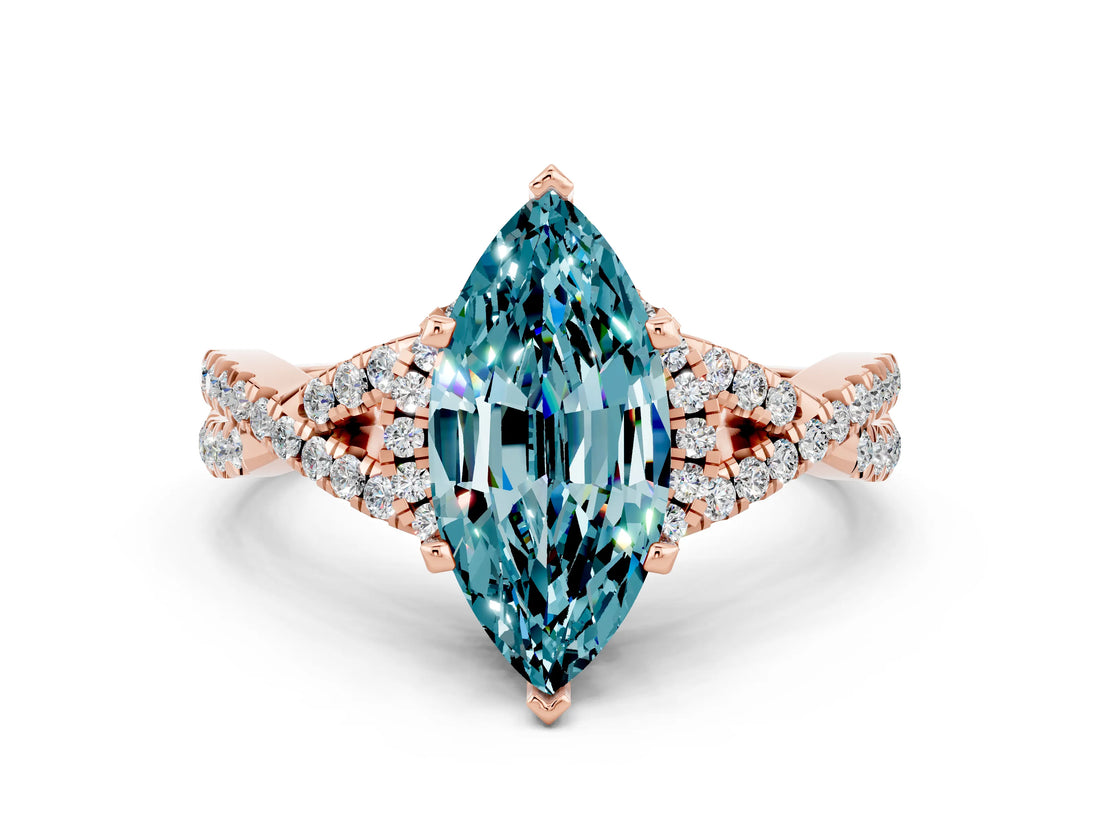 Rose gold Marquise Cut Blue Topaz  Halo Twist Band Solitaire Prong Setting Ring_42