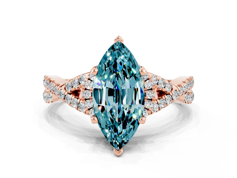 Rose gold Marquise Cut Blue Topaz Halo Twist Band Solitaire Prong Setting Ring