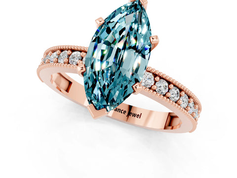Rose gold Marquise Cut Blue Topaz Milgrain Pavé Engagement Ring with Four-Prong Setting_1
