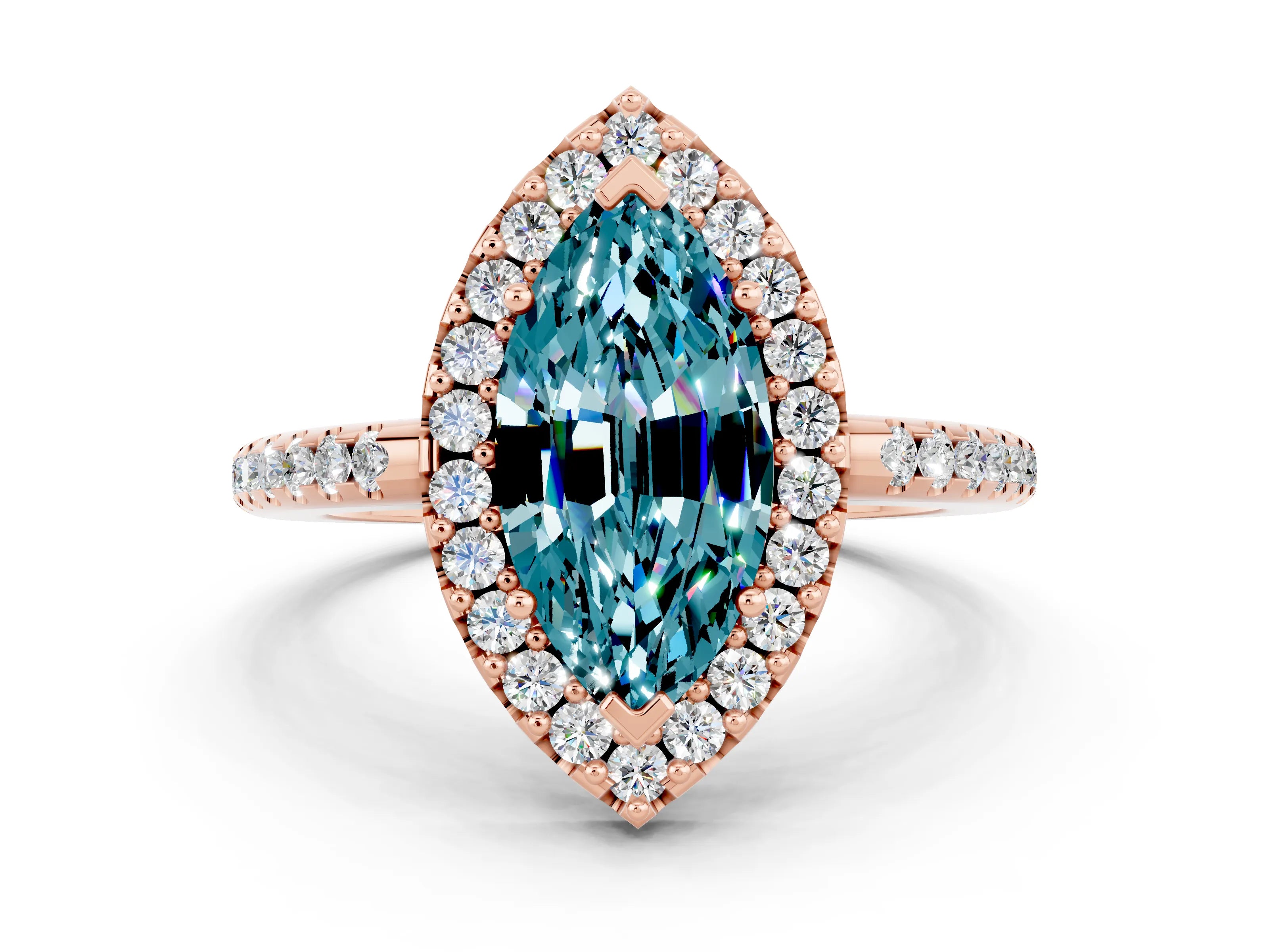 Rose gold Marquise Cut Blue Topaz Pavé Halo Ring with Four-Prong Setting_12