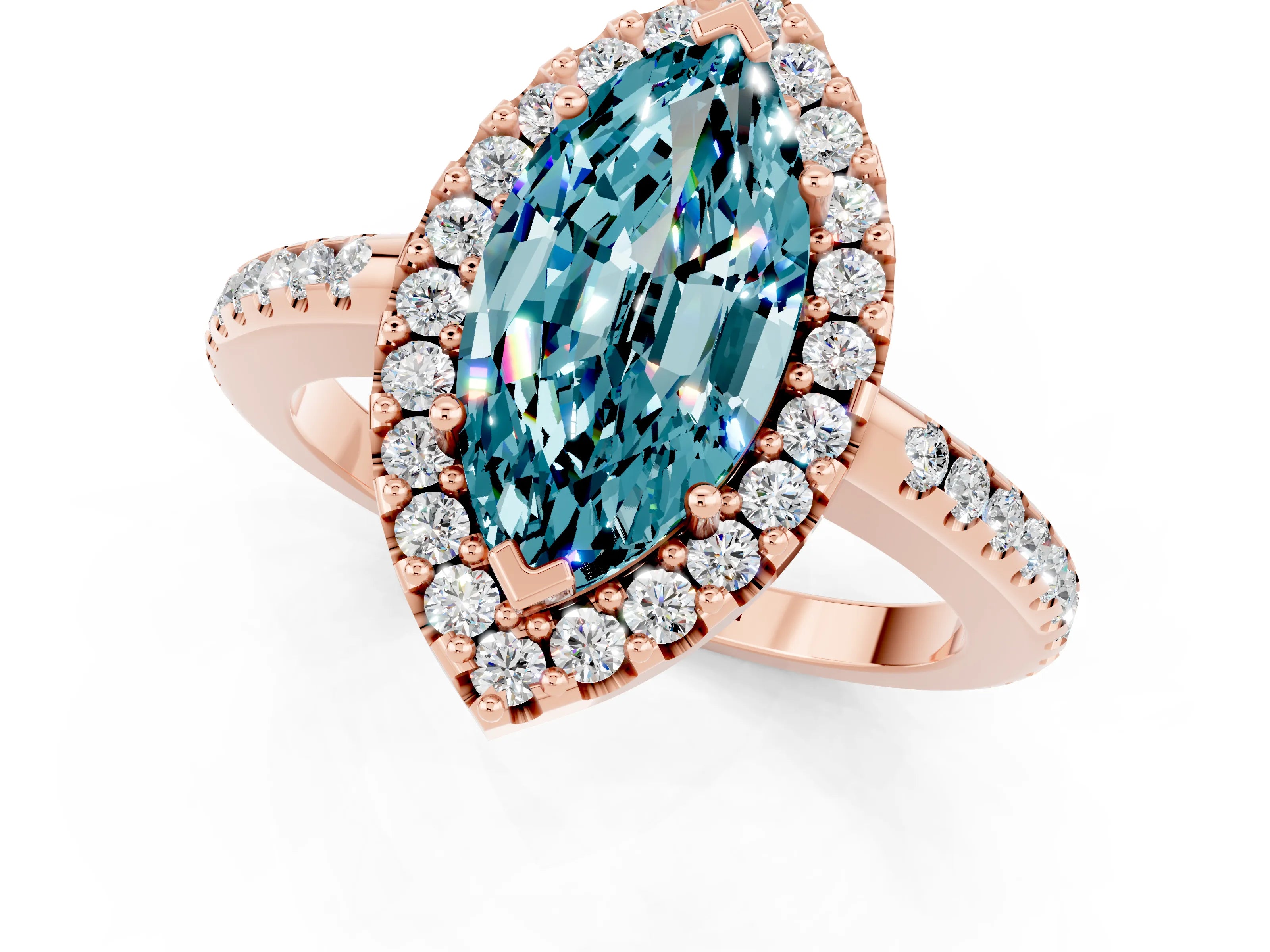 Rose gold Marquise Cut Blue Topaz Pavé Halo Ring with Four-Prong Setting_13