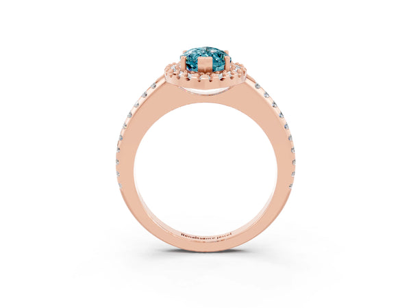 Rose gold Marquise Cut Blue Topaz Pavé Halo Ring with Four-Prong Setting