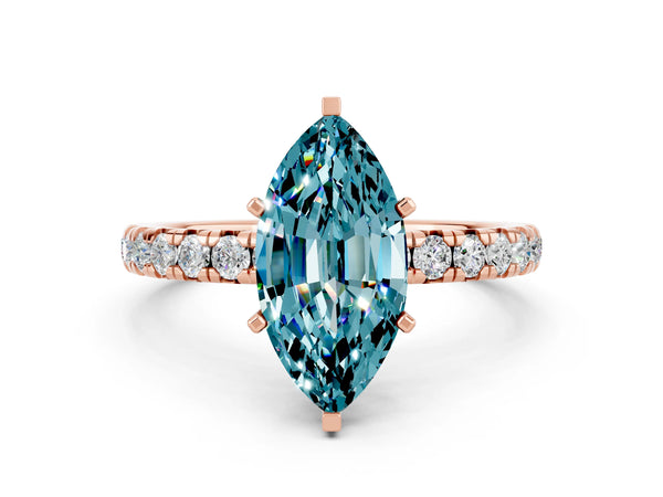 Rose gold Marquise Cut Blue Topaz Pavé Solitaire Ring with Round Band and Prong Setting