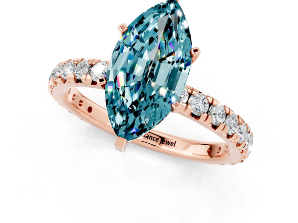Rose gold Marquise Cut Blue Topaz Pavé Solitaire Ring with Round Band and Prong Setting