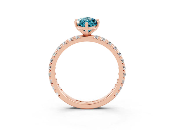 Rose gold Marquise Cut Blue Topaz Pavé Solitaire Ring with Round Band and Prong Setting