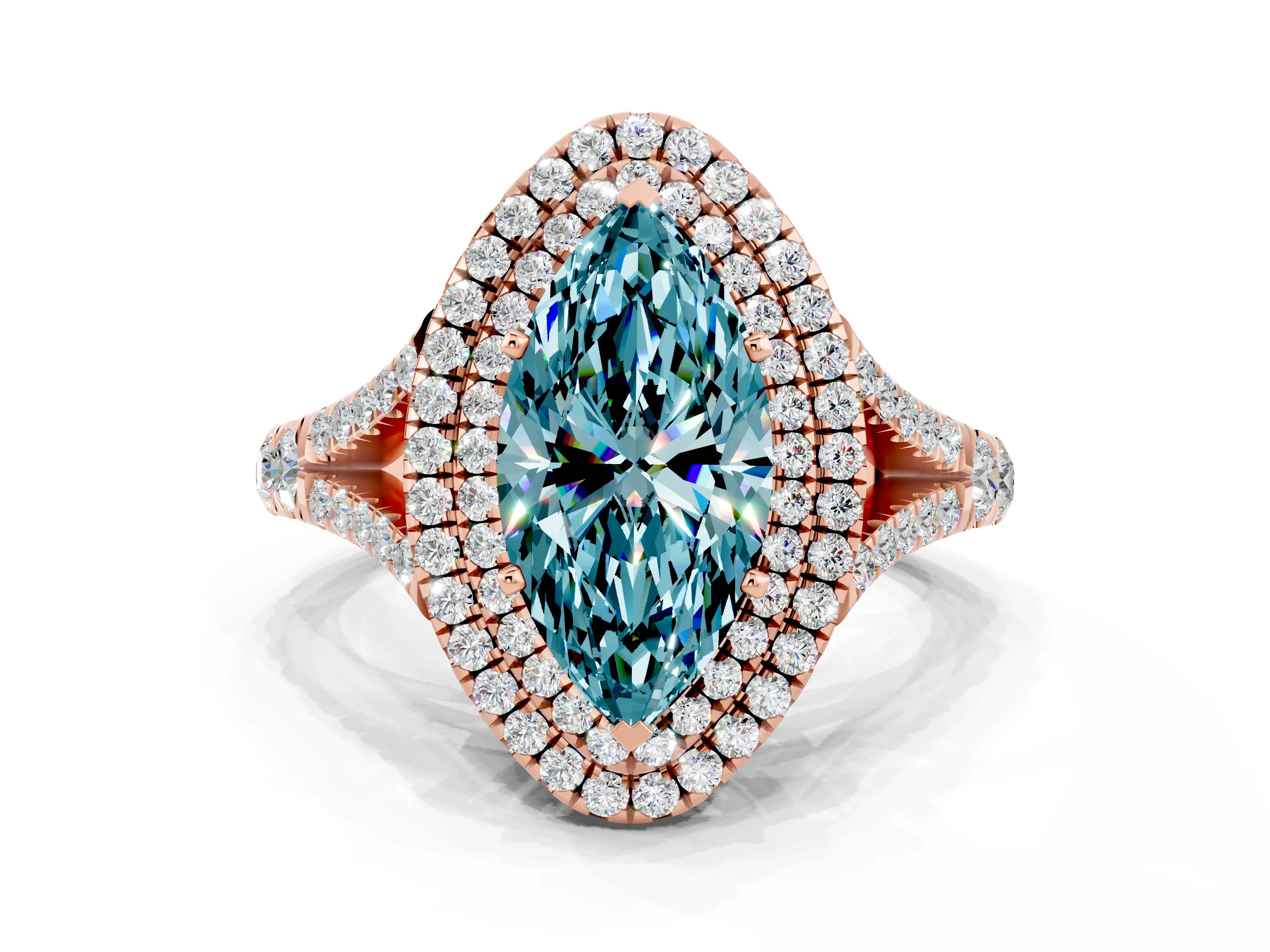 Rose gold Marquise Cut Blue Topaz Pavé Split Shank Double Halo Engagement Ring