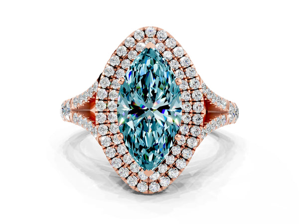 Rose gold Marquise Cut Blue Topaz Pavé Split Shank Double Halo Engagement Ring