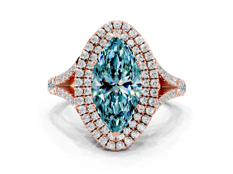 Rose gold Marquise Cut Blue Topaz Pavé Split Shank Double Halo Engagement Ring