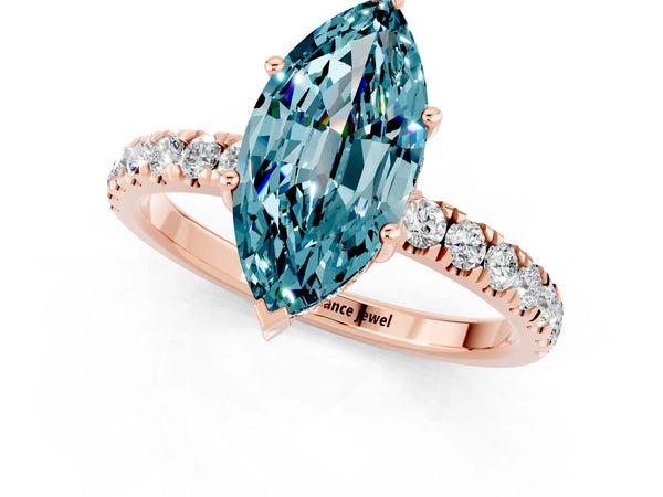 Rose gold Marquise Cut Blue Topaz Pave Band Solitaire Ring with Round  and Prong Setting
