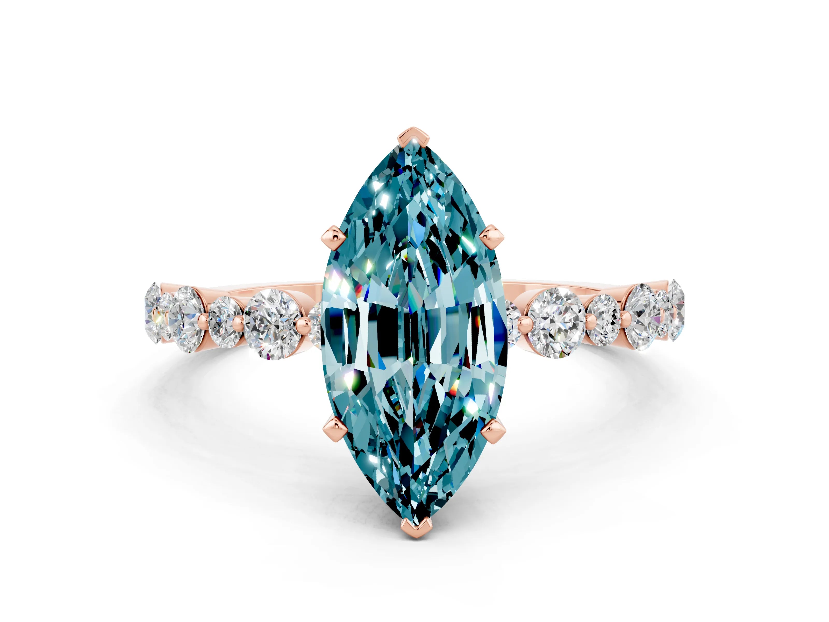 Rose gold Marquise Cut Blue Topaz Prong Set Engagement Ring with Pavé Band