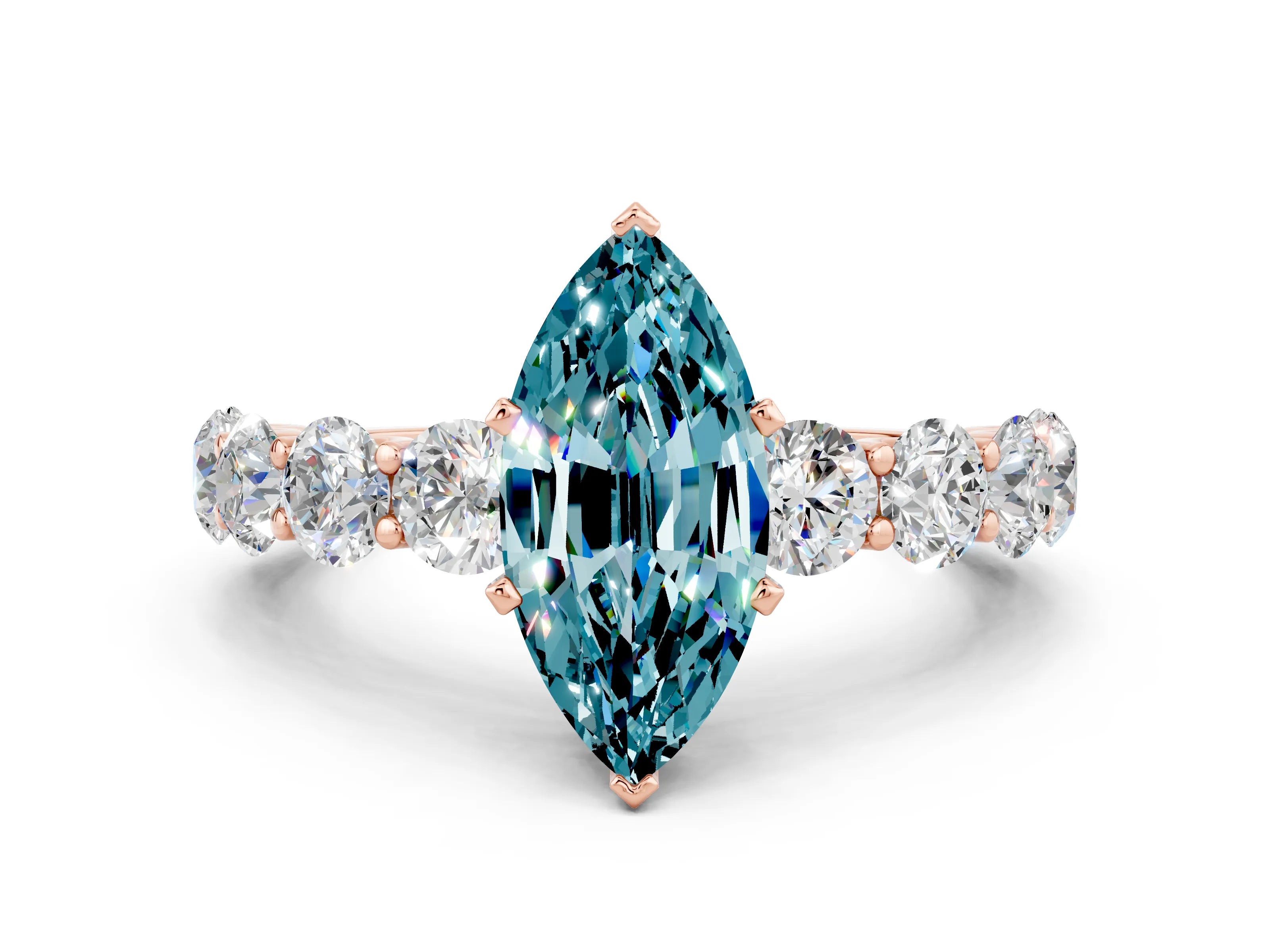 Rose gold Marquise Cut Blue Topaz Prong Setting with Side Stones on a Pave Band