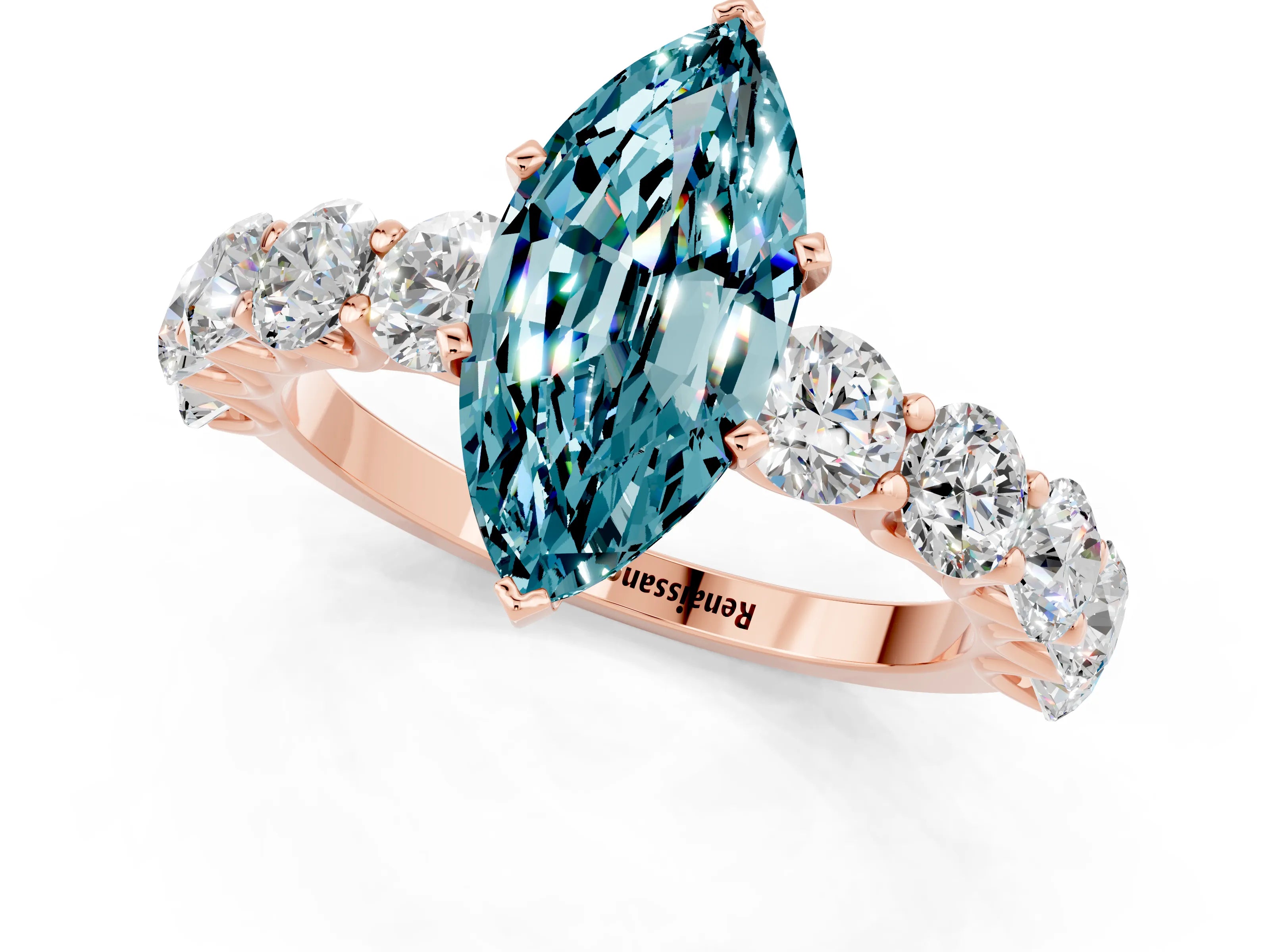 Rose gold Marquise Cut Blue Topaz Prong Setting with Side Stones on a Pave Band_1