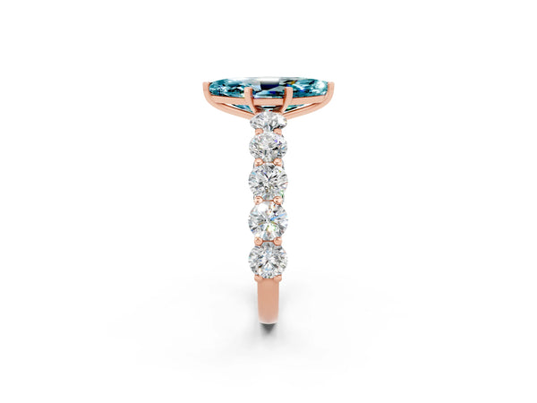 Rose gold Marquise Cut Blue Topaz Prong Setting with Side Stones on a Pave Band