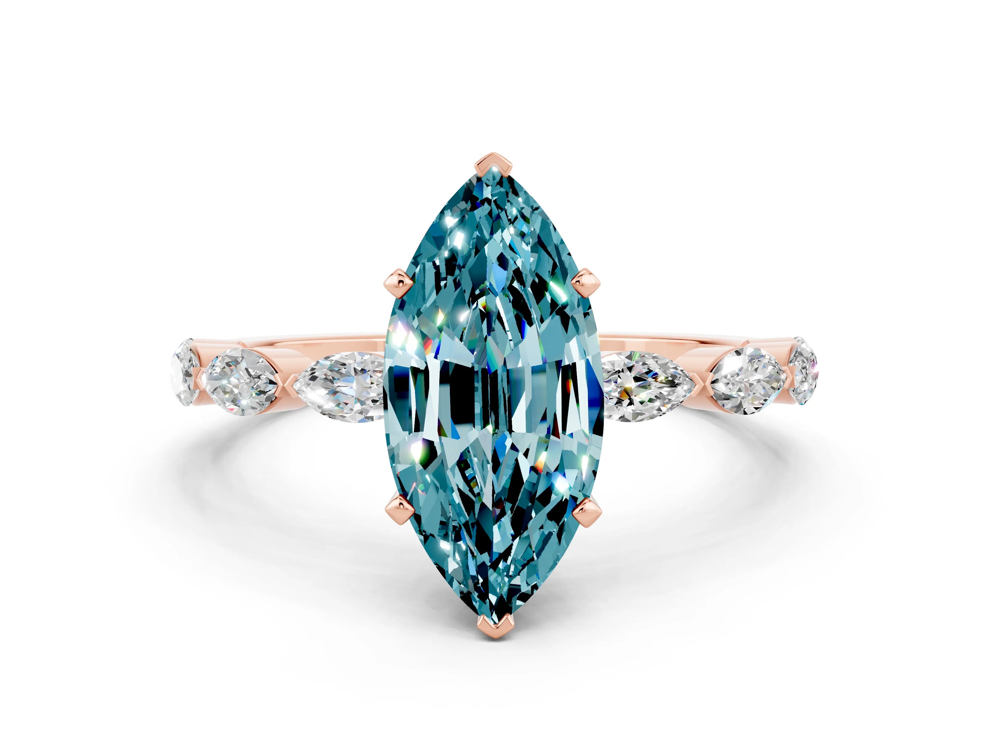Rose gold Marquise Cut Blue Topaz Ring with Marquise Side Stones and Prong Setting